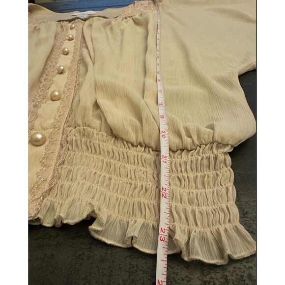 Charlotte Russe Sheer Cream Lace Trim Pearl Buttons Blouse - Sz M - Picture 9 of 12